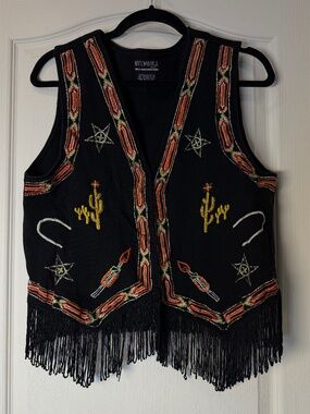Black Embroidered Beaded Fringe Vest M Cotton Western Southwestern Y2K Vintage